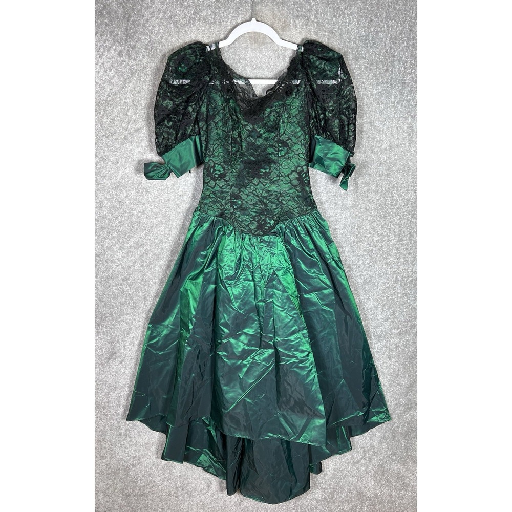 VTG Alfred Angelo 80s Party Dress Size 3/4 Green Black Floral Lace‎ Overlay Bow